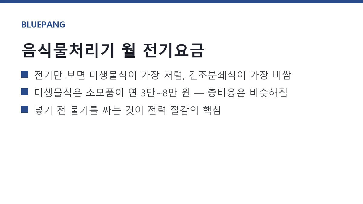 음식물처리기 전기요금 — 건조분쇄식 vs 미생물식 vs 감량식 실측 음식물처리기 전기요금 — 건조분쇄식 vs 미생물식 vs 감량식 실측