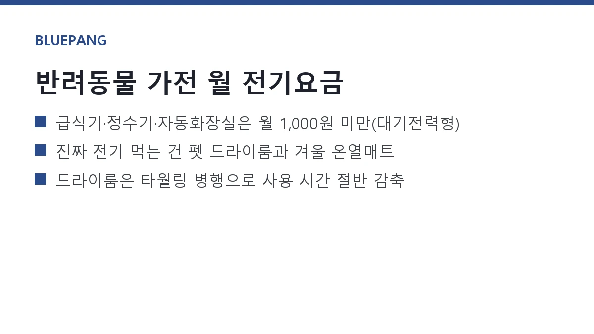 반려동물 가전 전기요금 — 자동급식기·정수기·드라이룸·온열매트 실측 반려동물 가전 전기요금 — 자동급식기·정수기·드라이룸·온열매트 실측