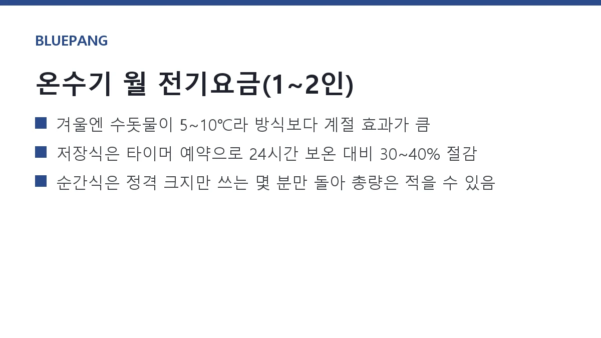 온수기 전기요금 — 저장식 vs 순간식, 겨울 한 달 실측 비교 온수기 전기요금 — 저장식 vs 순간식, 겨울 한 달 실측 비교